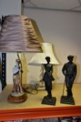 TWO TABLE LAMPS AND A PAIR OF BRONZED SCULPTURES, comprising a figural table lamp, height 45cm to