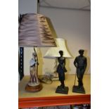 TWO TABLE LAMPS AND A PAIR OF BRONZED SCULPTURES, comprising a figural table lamp, height 45cm to