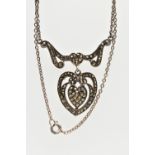 A WHITE METAL MARCASITE PENDANT NECKLACE, the openwork heart pendant set with marcasite, to a