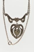 A WHITE METAL MARCASITE PENDANT NECKLACE, the openwork heart pendant set with marcasite, to a
