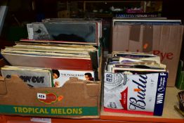 FOUR BOXES OF RECORDS, to include over one hundred vinyl singles and 45s, with plain and picture