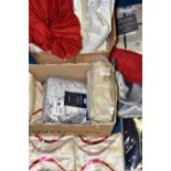 TWO BOXES OF PACKAGED UNUSED CURTAINS AND FABRIC, to include an unused packet of silver lined