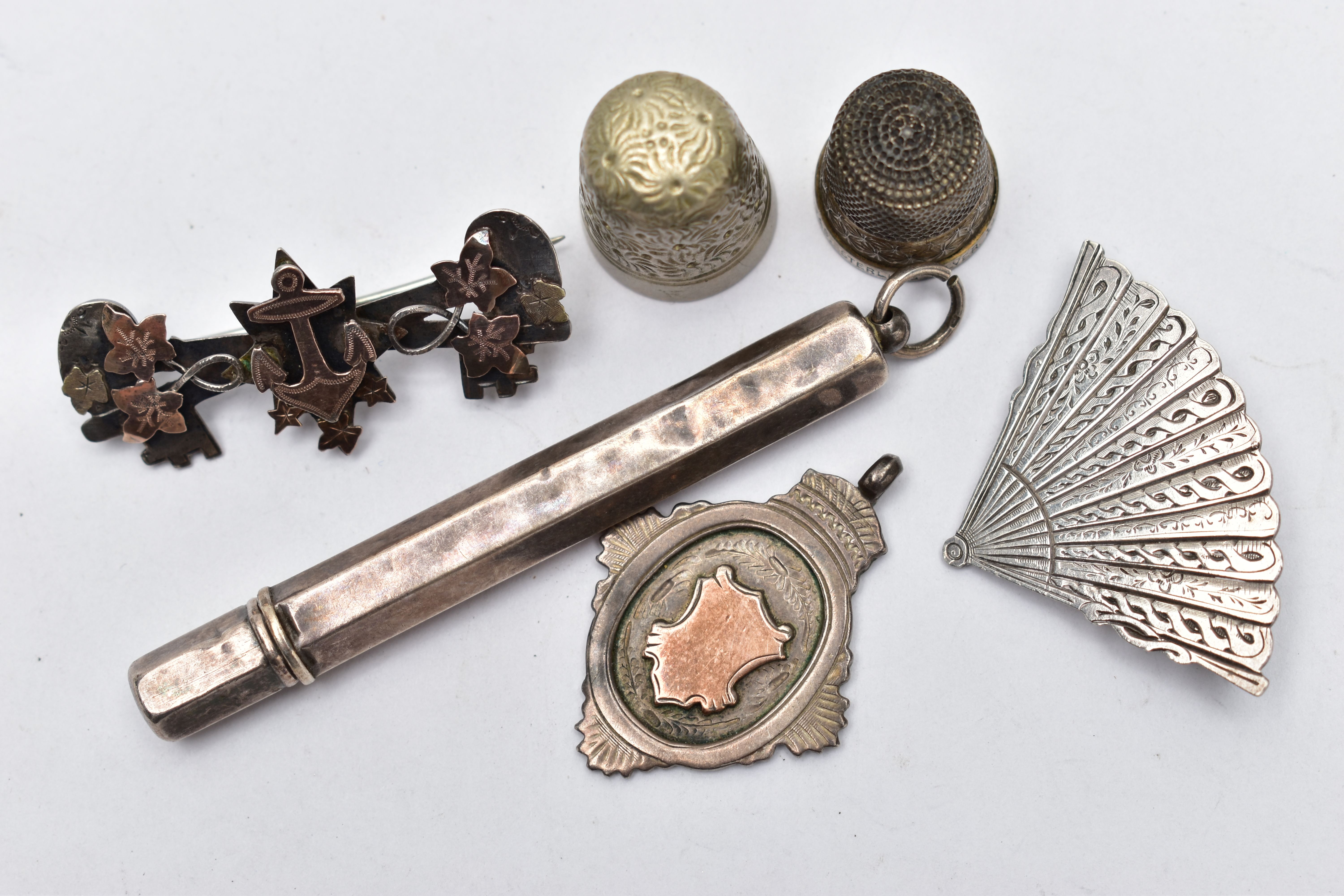 AN ASSORTMENT OF SILVER AND WHITE METAL, to include a silver fob medal with a gold fronted - Image 2 of 3