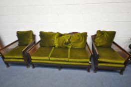 A 20TH CENTURY MAHOGANY BERGERE THREE PIECE SUITE, comprising a three seater settee, length 156cm,