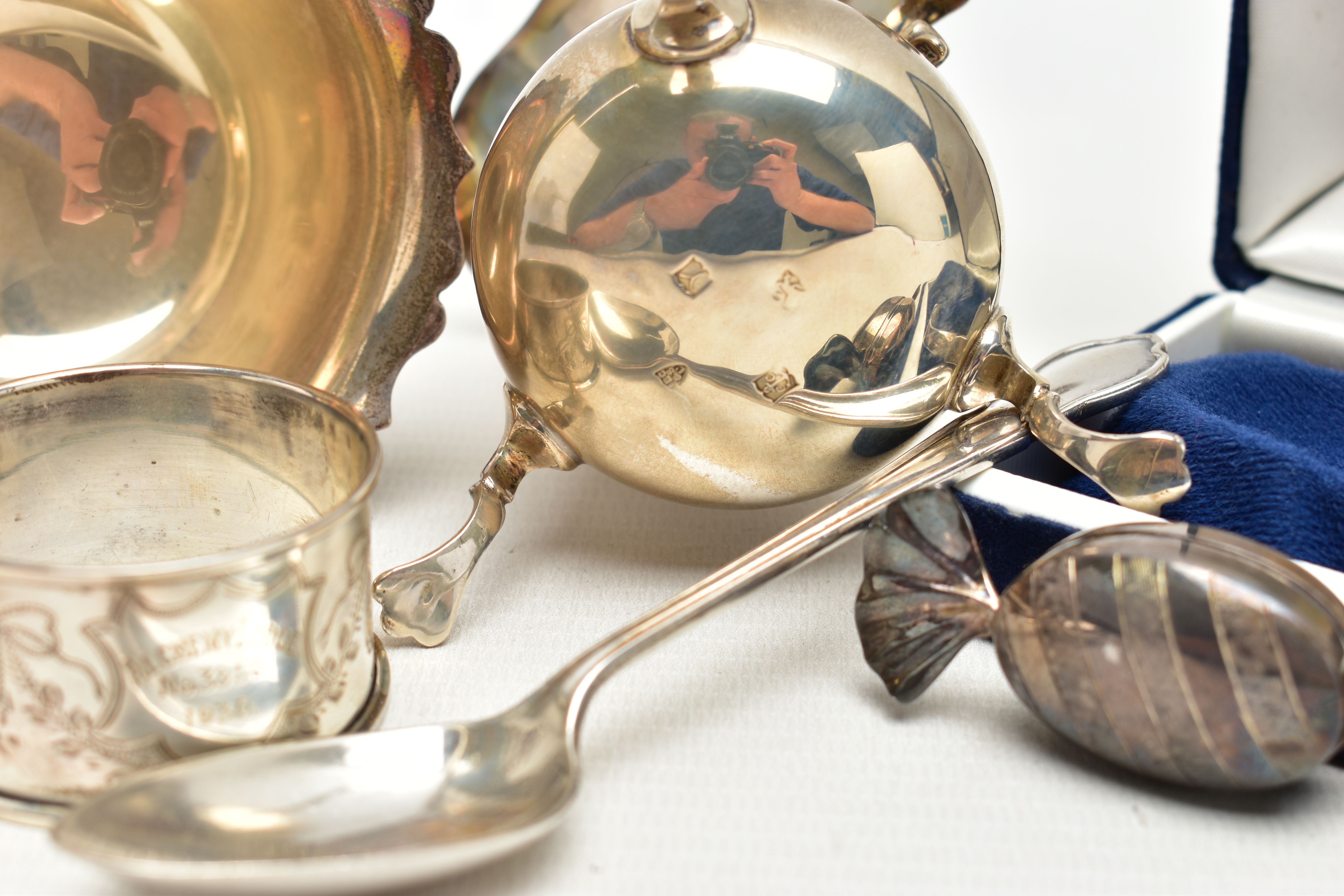 AN ELIZABETH II SILVER CREAM JUG AND SUGAR BOWL AND THREE OTHER ITEMS OF SILVER, the baluster shaped - Image 5 of 5