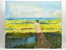 DOUGLAS (DOUG) MUIR (1937-2008), 'THE ROAD SOUTH, ORKNEY', a naive school Scottish Islands landscape