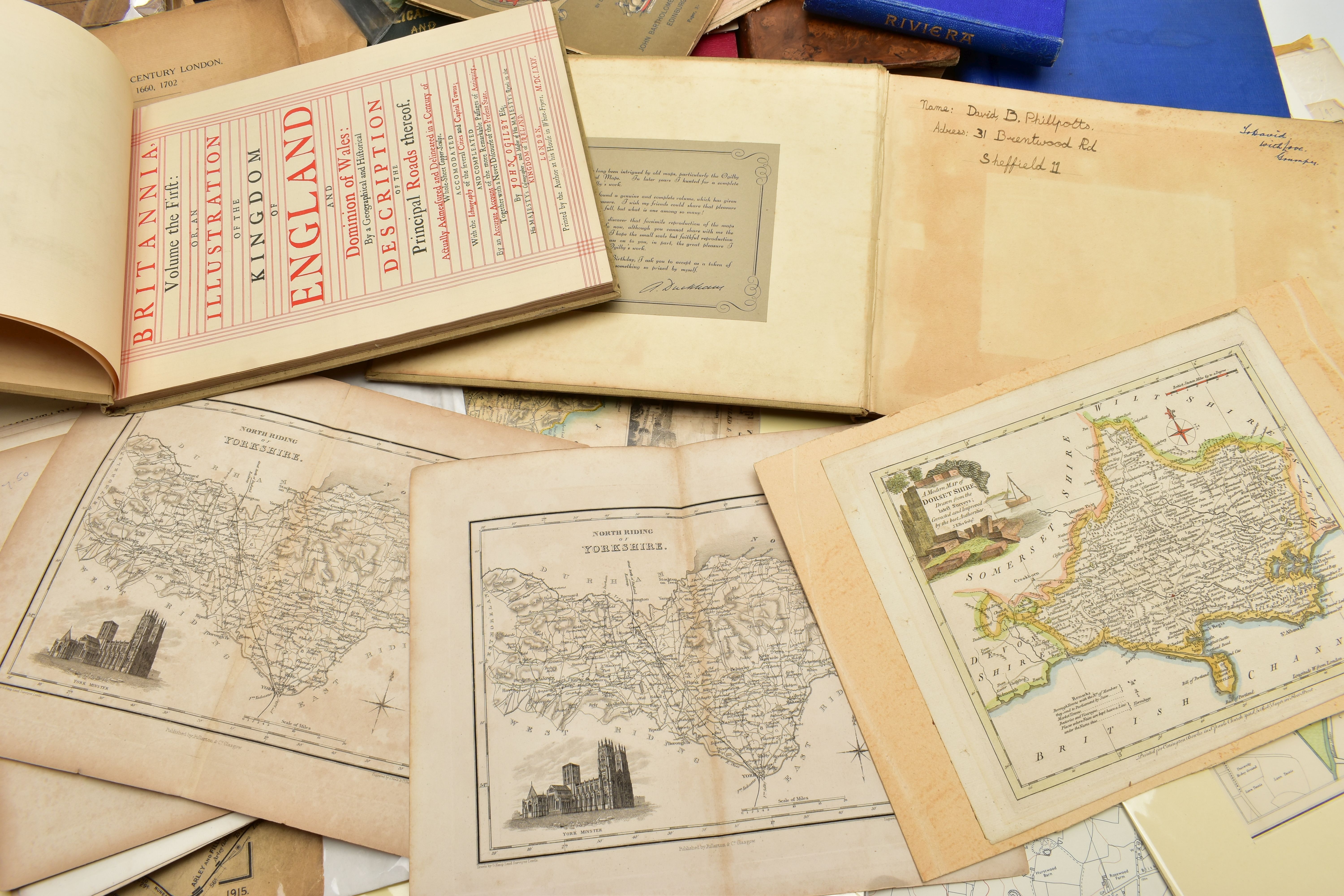 A BOX OF 19TH AND 20TH CENTURY MAPS AND BOOKS ETC, to include a leather bound Brookes's Gazetteer - Image 7 of 18
