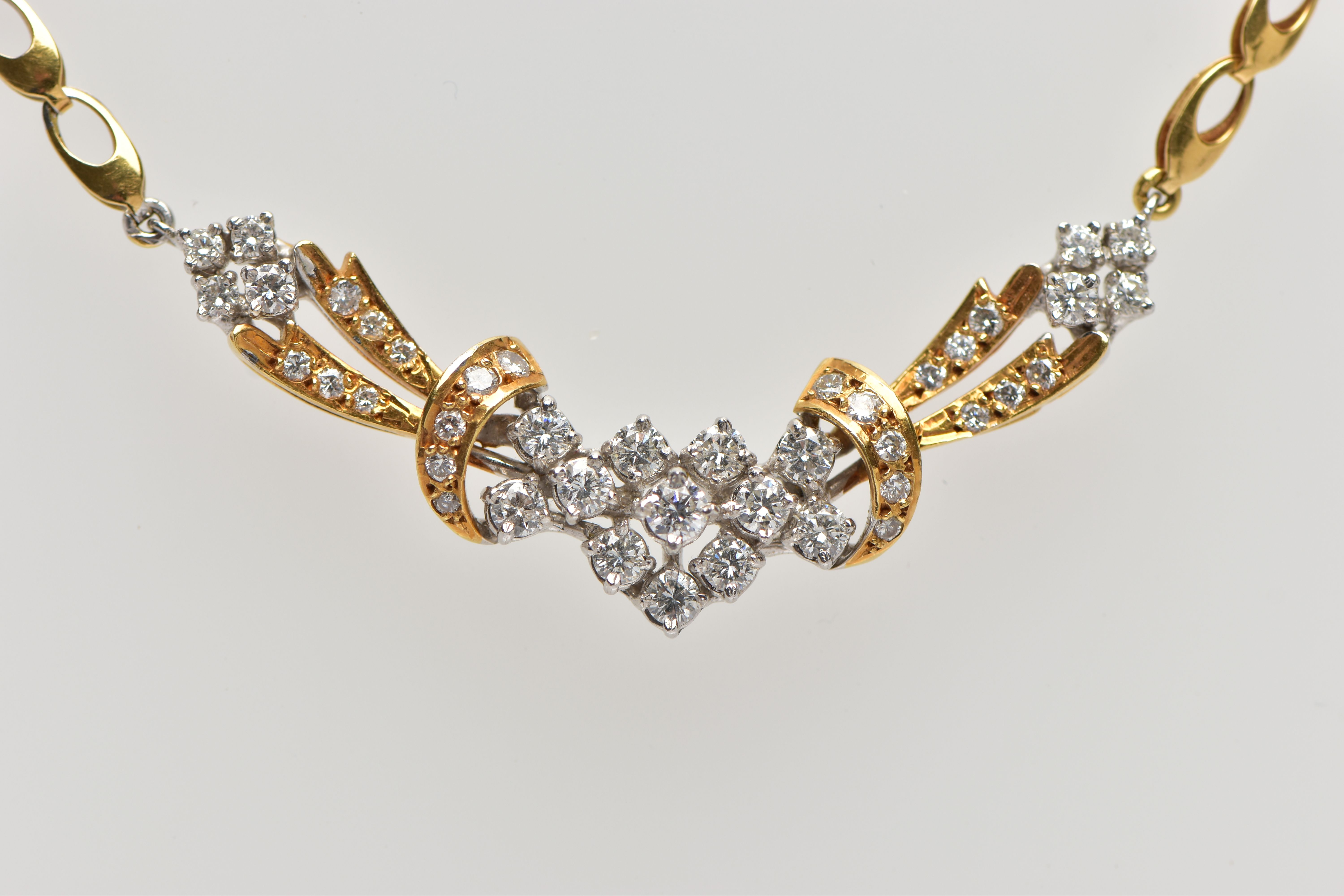 A YELLOW AND WHITE METAL DIAMOND NECKLACE, the front designed as an openwork panel set throughout - Image 2 of 8