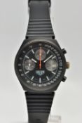 A VINTAGE HEUER PVD 13-1, HAND WOUND WRISTWATCH, black dial with grey subsidiary dials at twelve,