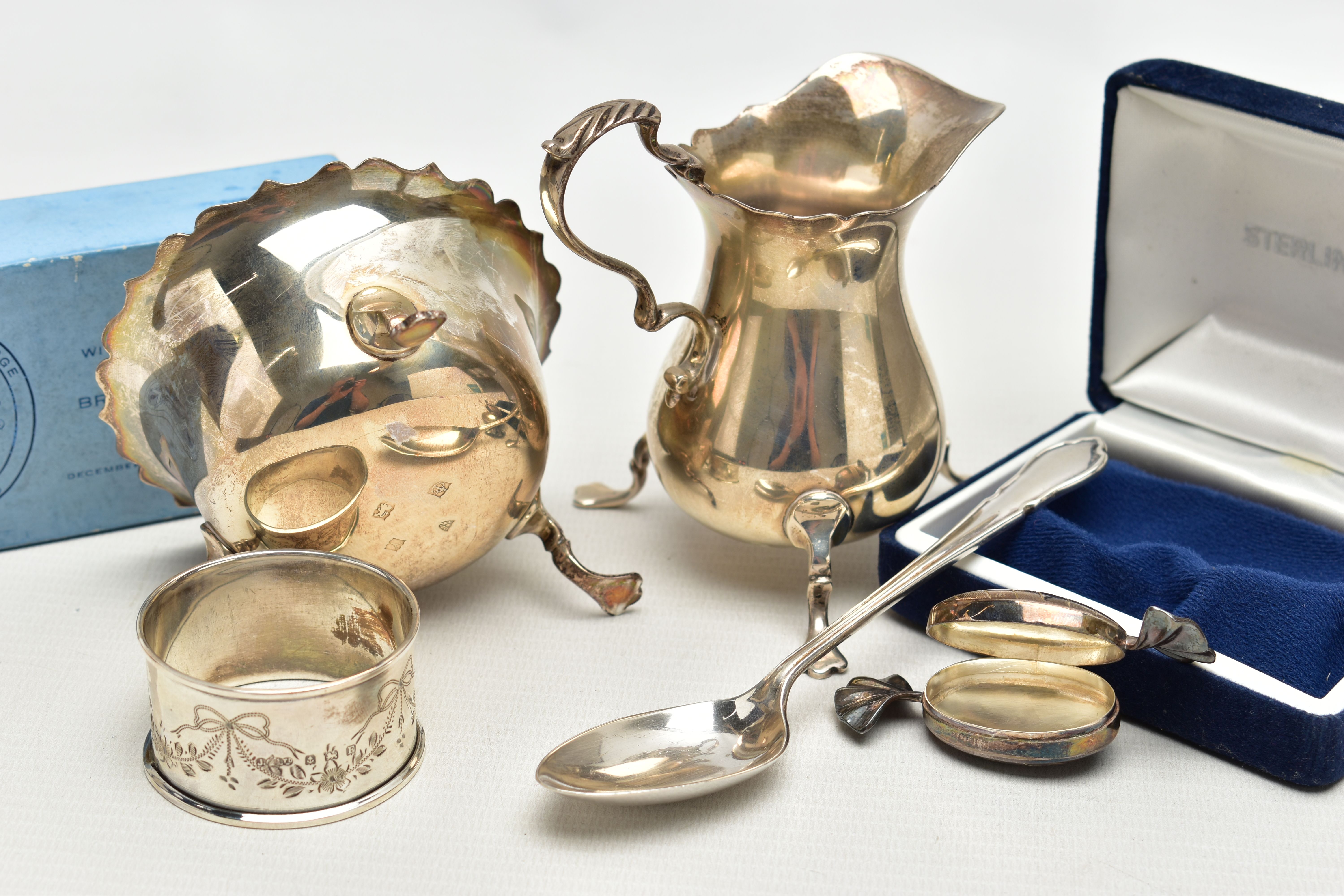 AN ELIZABETH II SILVER CREAM JUG AND SUGAR BOWL AND THREE OTHER ITEMS OF SILVER, the baluster shaped - Image 3 of 5