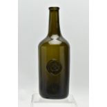 A 19TH CENTURY GREEN GLASS SEALED WINE BOTTLE, with pictorial seal of a sheaf of corn and two