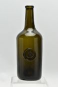 A 19TH CENTURY GREEN GLASS SEALED WINE BOTTLE, with pictorial seal of a sheaf of corn and two