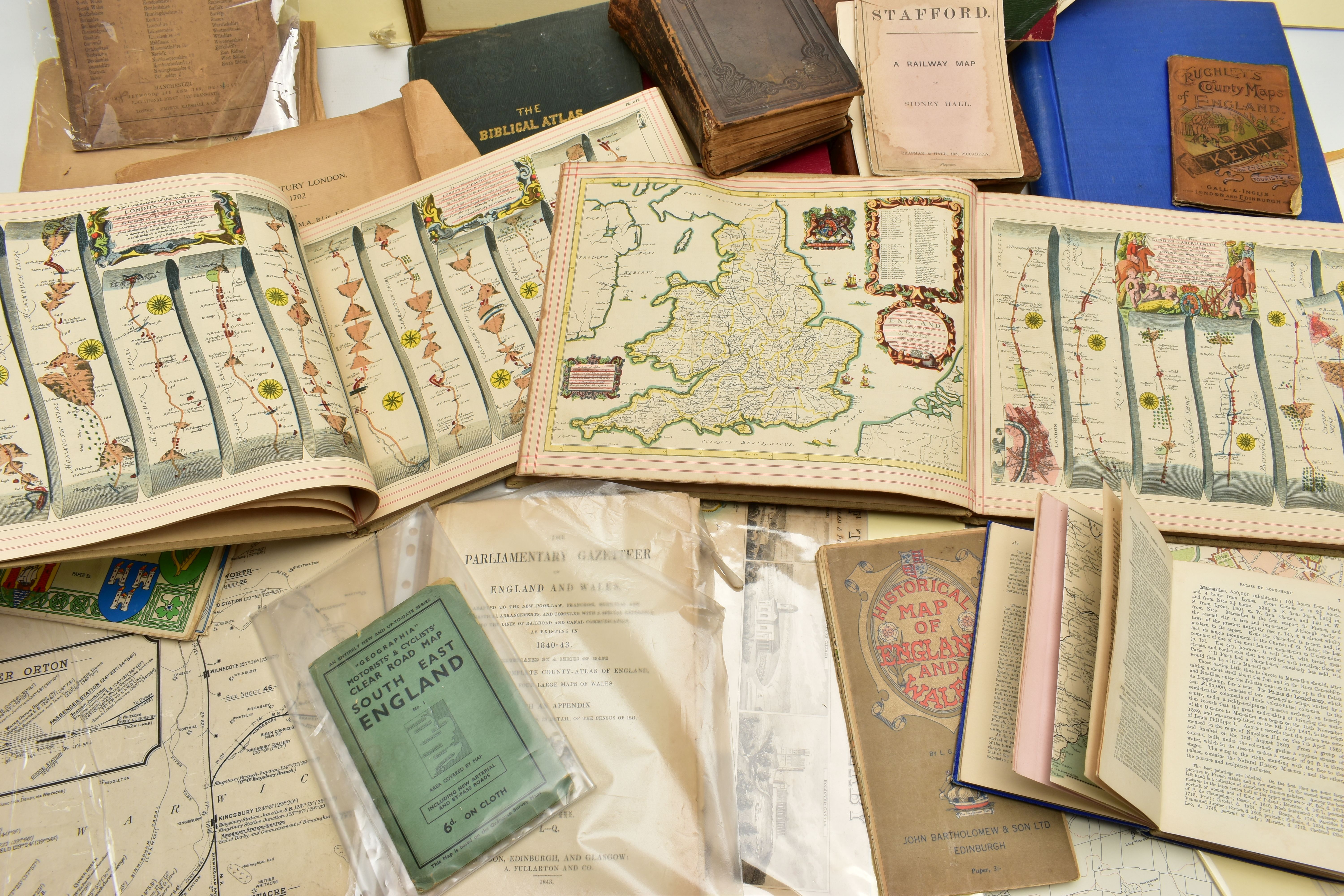 A BOX OF 19TH AND 20TH CENTURY MAPS AND BOOKS ETC, to include a leather bound Brookes's Gazetteer - Image 8 of 18