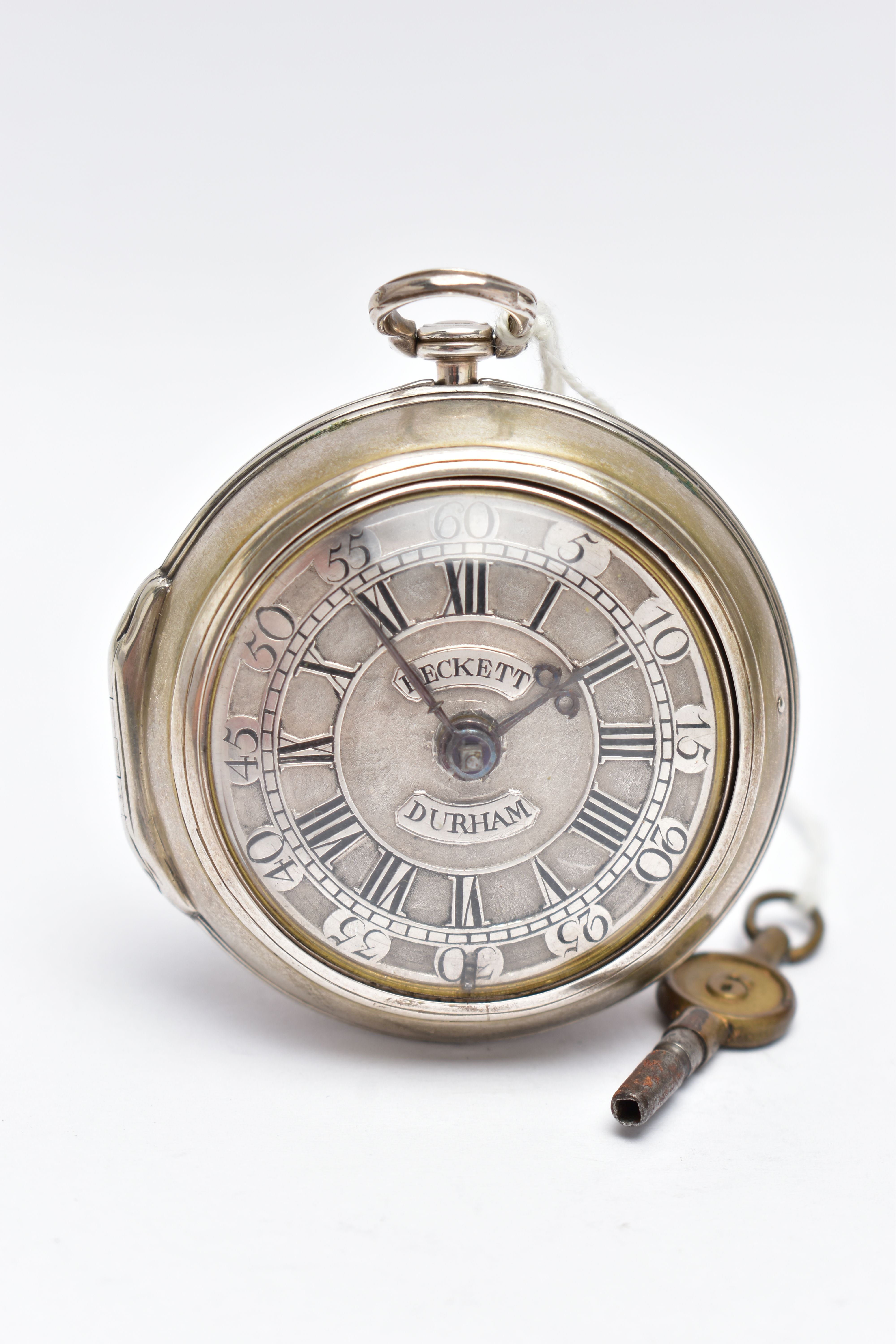 A GEORGE II SILVER PAIR CASED VERGE POCKET WATCH BY 'THOMAS BECKETT', key wound, round champleve