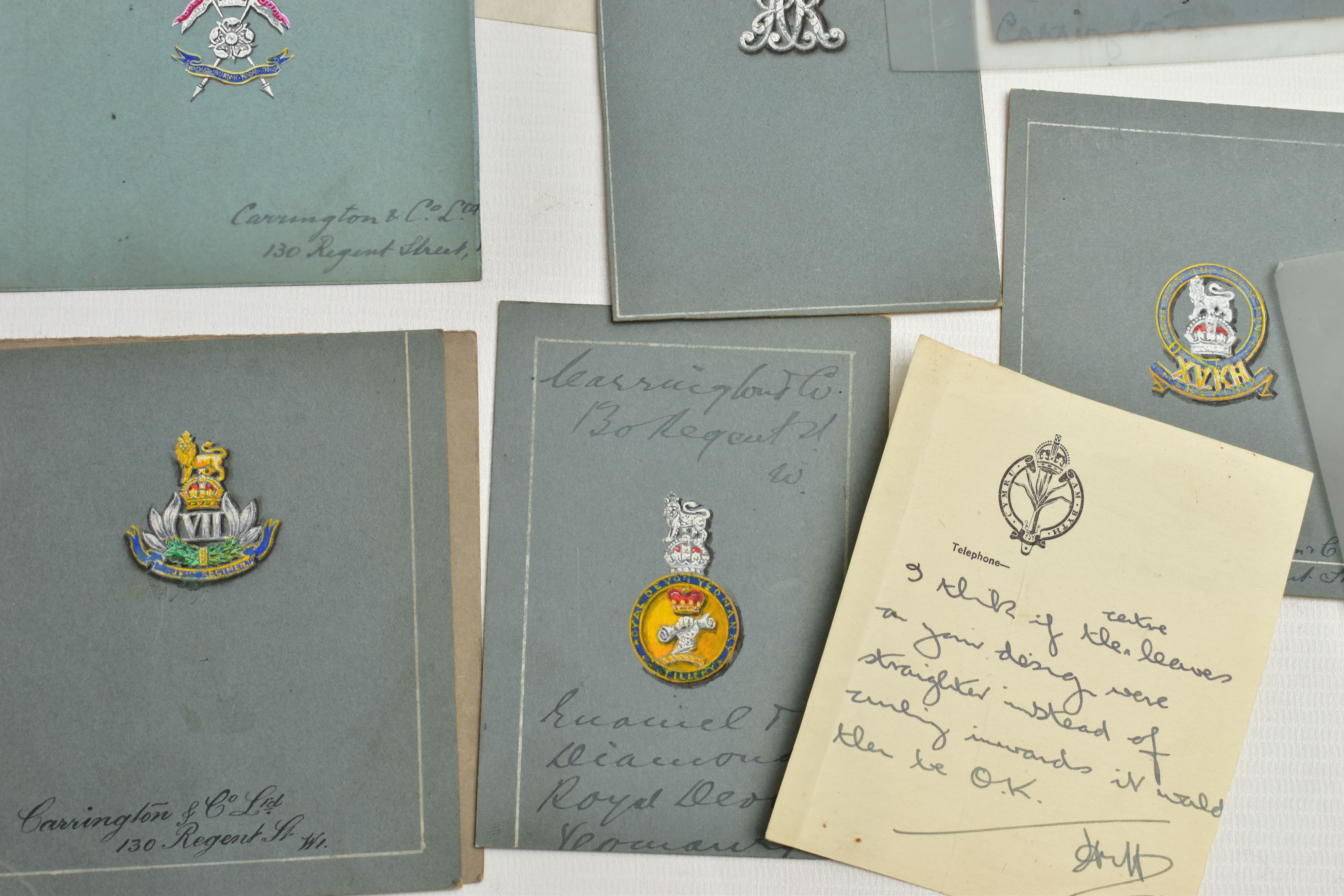 A LARGE COLLECTION OF 'CARRINGTON & CO MILITARY SILVERSMITHS' EARLY TO MID 20TH CENTURY GOUACHE - Image 10 of 13