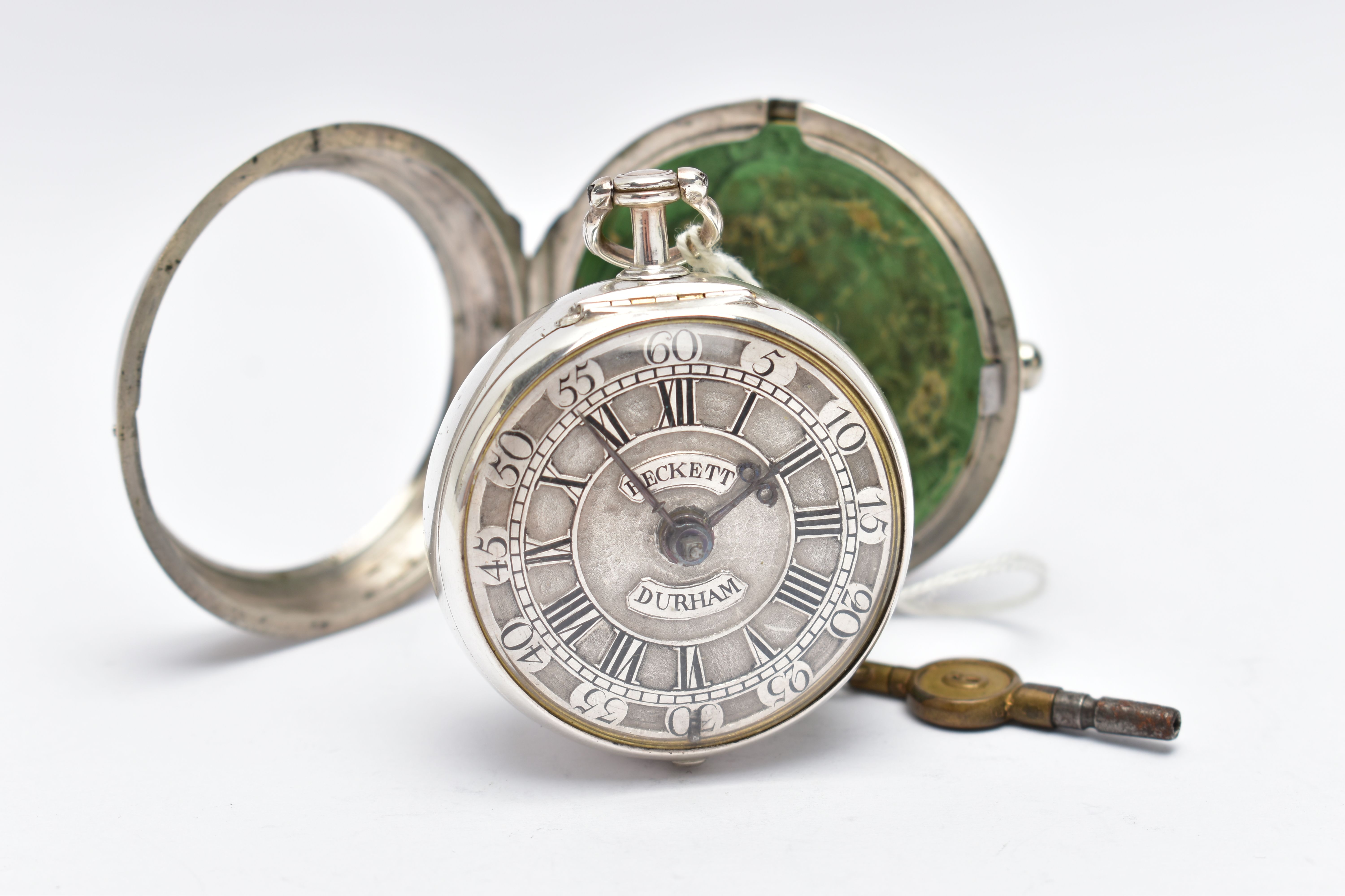 A GEORGE II SILVER PAIR CASED VERGE POCKET WATCH BY 'THOMAS BECKETT', key wound, round champleve - Image 4 of 11
