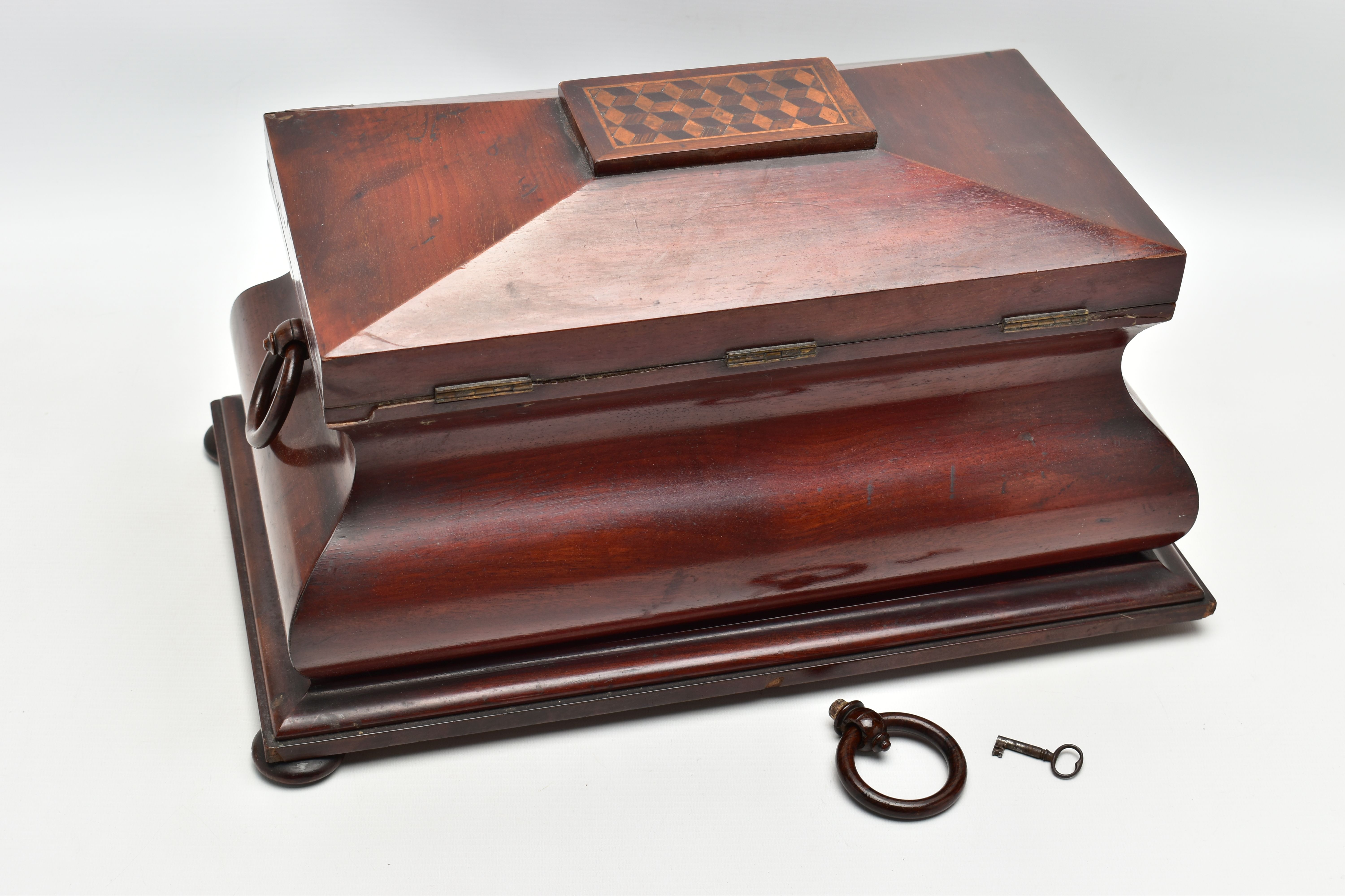 A VICTORIAN LARGE MAHOGANY AND INLAID BOMBE SHAPED TEA CADDY, the hinged cover with parquetry cube - Image 10 of 15