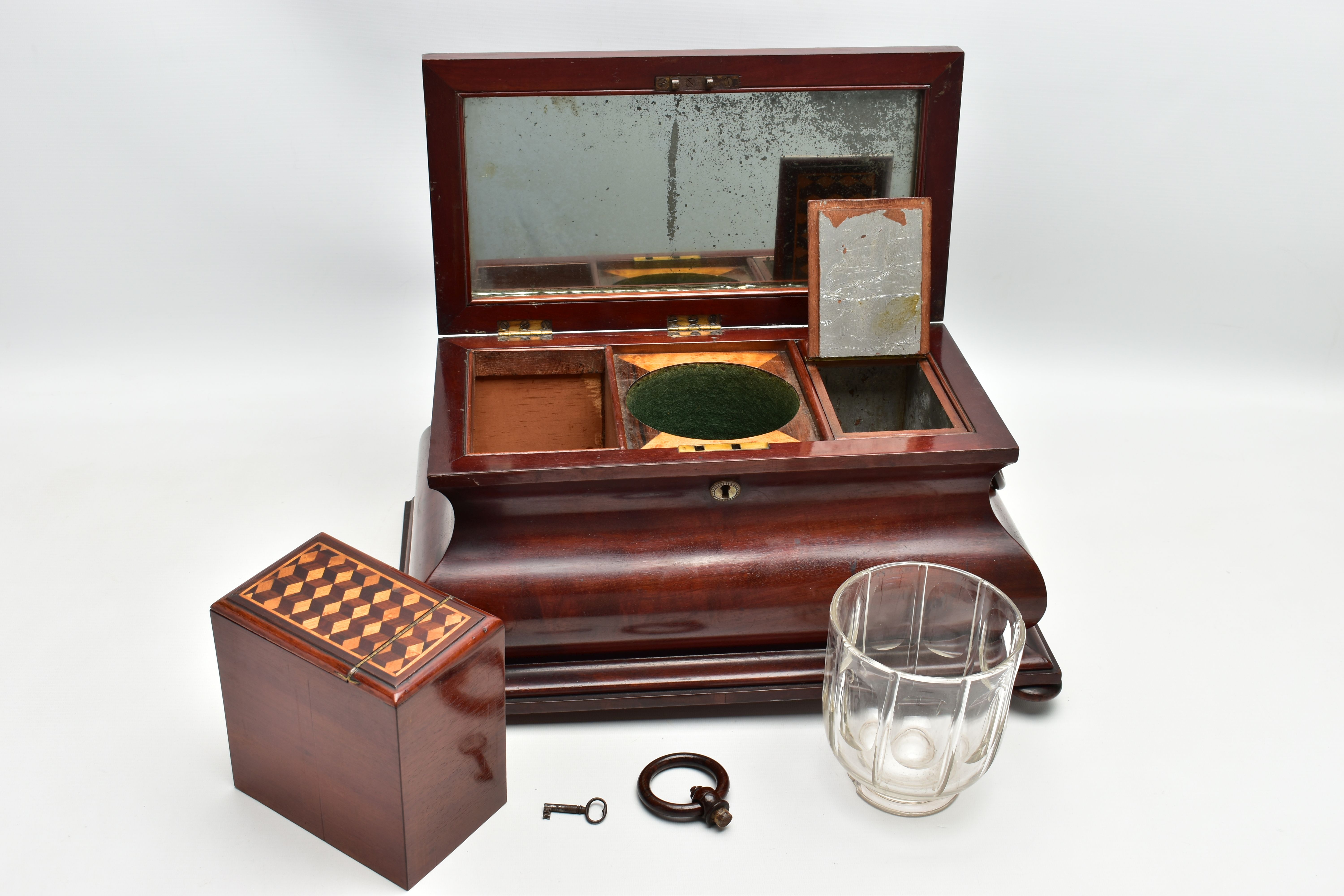 A VICTORIAN LARGE MAHOGANY AND INLAID BOMBE SHAPED TEA CADDY, the hinged cover with parquetry cube - Image 13 of 15