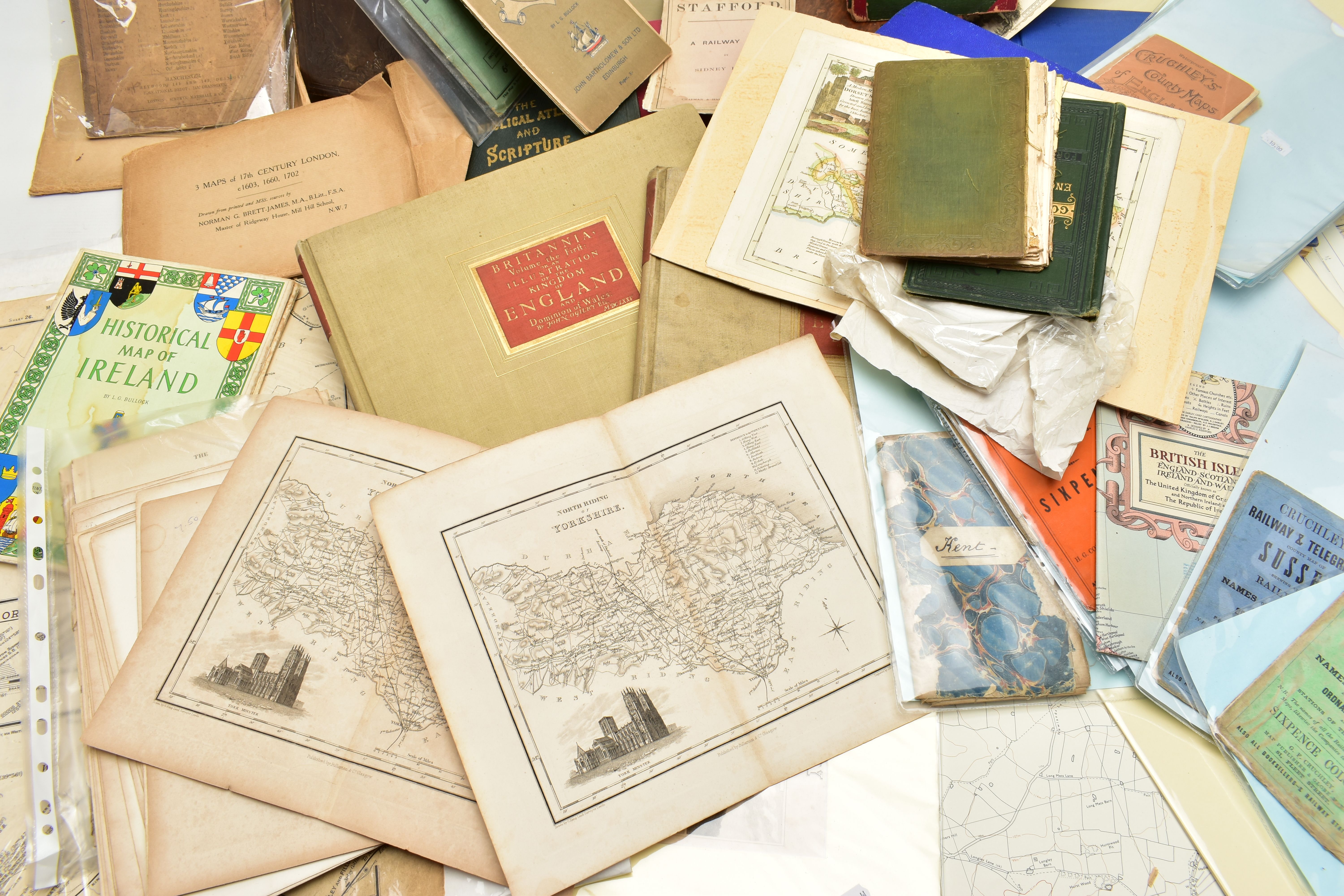 A BOX OF 19TH AND 20TH CENTURY MAPS AND BOOKS ETC, to include a leather bound Brookes's Gazetteer - Image 3 of 18