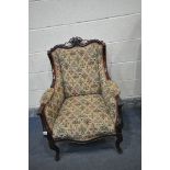 A 20TH CENTURY FRENCH STYLE MAHOGANY WING BACK ARMCHAIR, scrolled surmount to swept armrests, on