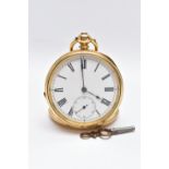 A LATE 19TH CENTURY 18CT GOLD OPEN FACE KEY WOUND POCKET WATCH WITH KEY, engine turned case back