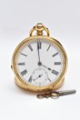 A LATE 19TH CENTURY 18CT GOLD OPEN FACE KEY WOUND POCKET WATCH WITH KEY, engine turned case back