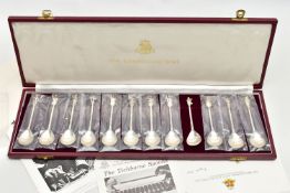 AN ELIZABETH II SILVER BIRMINGHAM MINT CASED REPRODUCTION SET OF THE 'TICHBORNE SPOONS', the finials