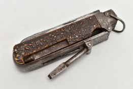 A VICTORIAN HORN AND STEEL MULTI-BLADED COACHMAN'S KNIFE, the folding claw engraved with foliate
