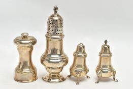 FOUR ELIZABETH II SILVER CRUET ITEMS BY J B CHATTERLEY & SONS comprising a peppermill, Birmingham