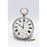 A LATE VICTORIAN OPEN FACE KEY WOUND POCKET WATCH WITH WATCH KEY, the white enamel dial, with