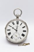 A LATE VICTORIAN OPEN FACE KEY WOUND POCKET WATCH WITH WATCH KEY, the white enamel dial, with