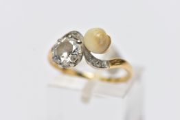 AN EARLY 20TH CENTURY 18CT GOLD DIAMOND AND PEARL DRESS RING, of crossover design, set with an early