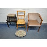 A MID CENTURY TUB CHAIR, a cane seated chair, a mahogany rectangular occasional table, a mahogany