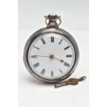 A 19TH CENTURY SILVER PAIR CASE, KEY WOUND POCKET WATCH, open face pocket watch with a white