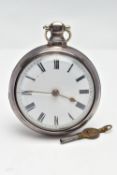 A 19TH CENTURY SILVER PAIR CASE, KEY WOUND POCKET WATCH, open face pocket watch with a white