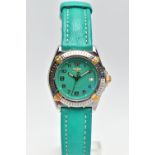 A BREITLING 'WINGS' BI-COLOUR QUARTZ WRISTWATCH, the turquoise coloured dial, with gilt Arabic