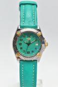 A BREITLING 'WINGS' BI-COLOUR QUARTZ WRISTWATCH, the turquoise coloured dial, with gilt Arabic