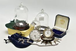 A SILVER OPEN FACE POCKET WATCH AND ALBERT CHAIN WITH OTHER ITEMS, key wound, round white dial,