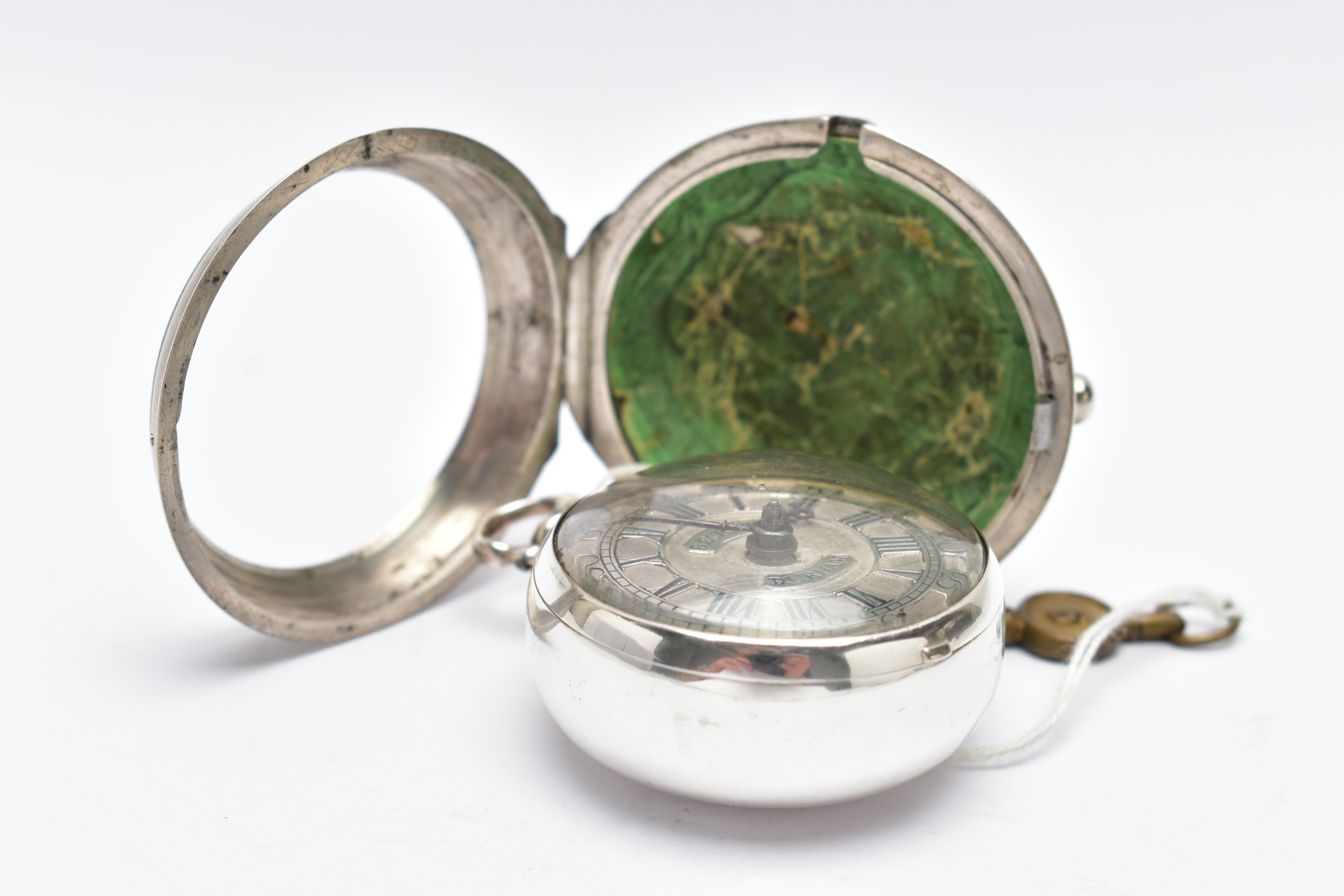 A GEORGE II SILVER PAIR CASED VERGE POCKET WATCH BY 'THOMAS BECKETT', key wound, round champleve - Image 3 of 11