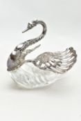 A LATE 20TH CENTURY CUT GLASS AND SILVER SWAN TRINKET BOX, repousse decoration to the head and neck,