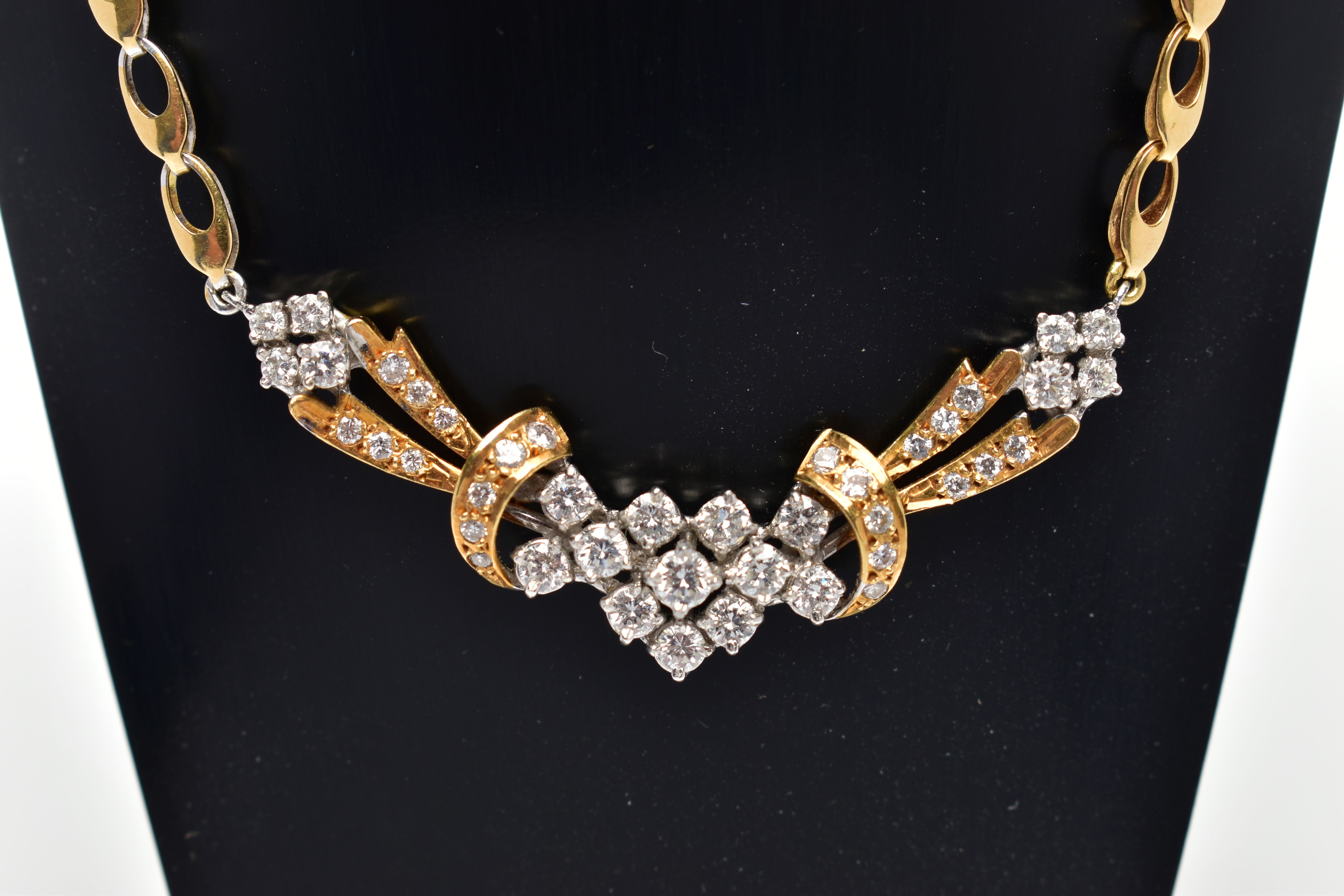 A YELLOW AND WHITE METAL DIAMOND NECKLACE, the front designed as an openwork panel set throughout - Image 7 of 8