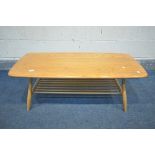 LUCIAN ERCOLANI FOR ERCOL, A MODEL 398 ELM AND BEECH COFFEE TABLE, with a spindled under tier,