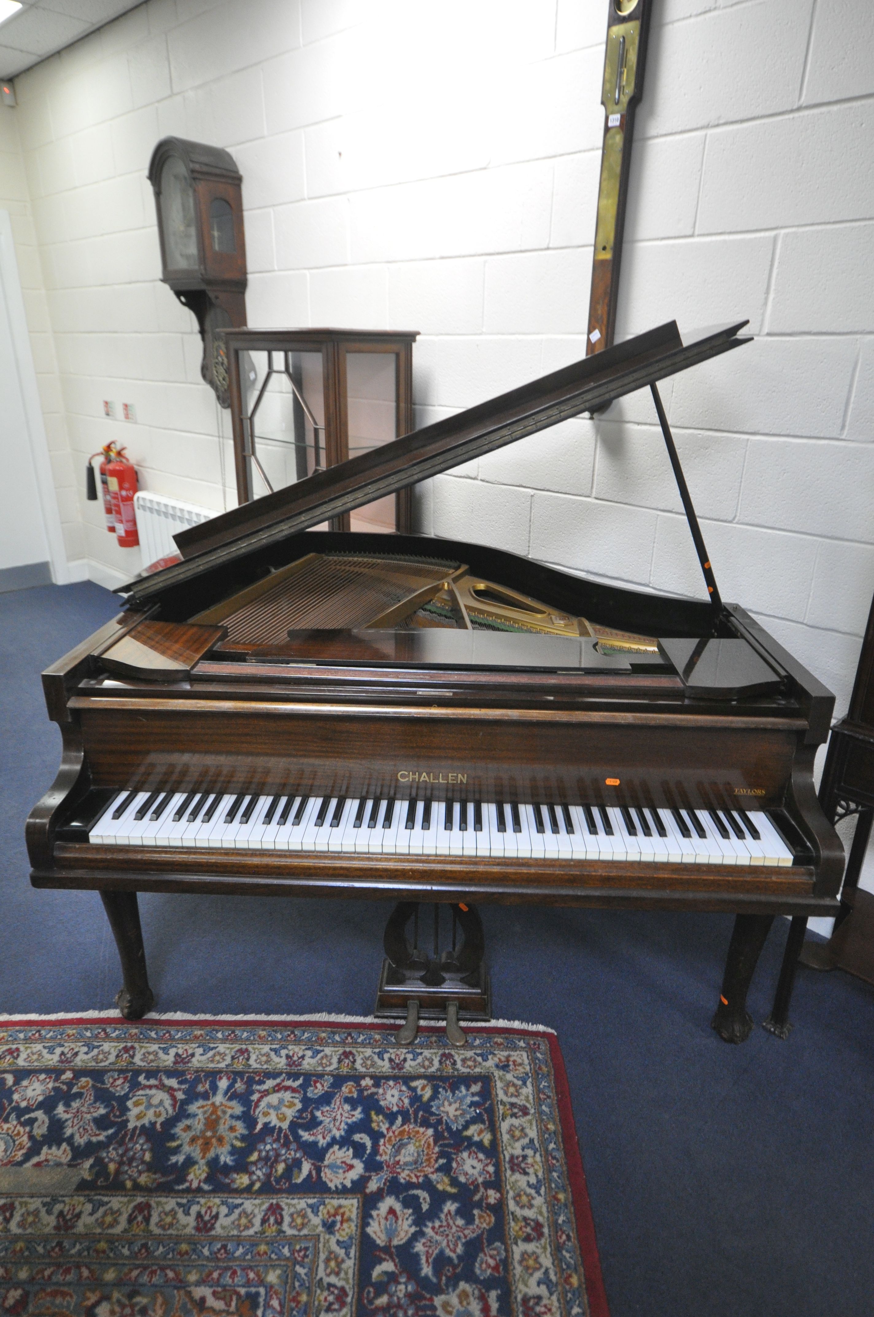 A CHALLEN MAHOGANY 4FT 7 INCH BABY GRAND PIANO, serial number 46474, bone keys, on cabriole legs,