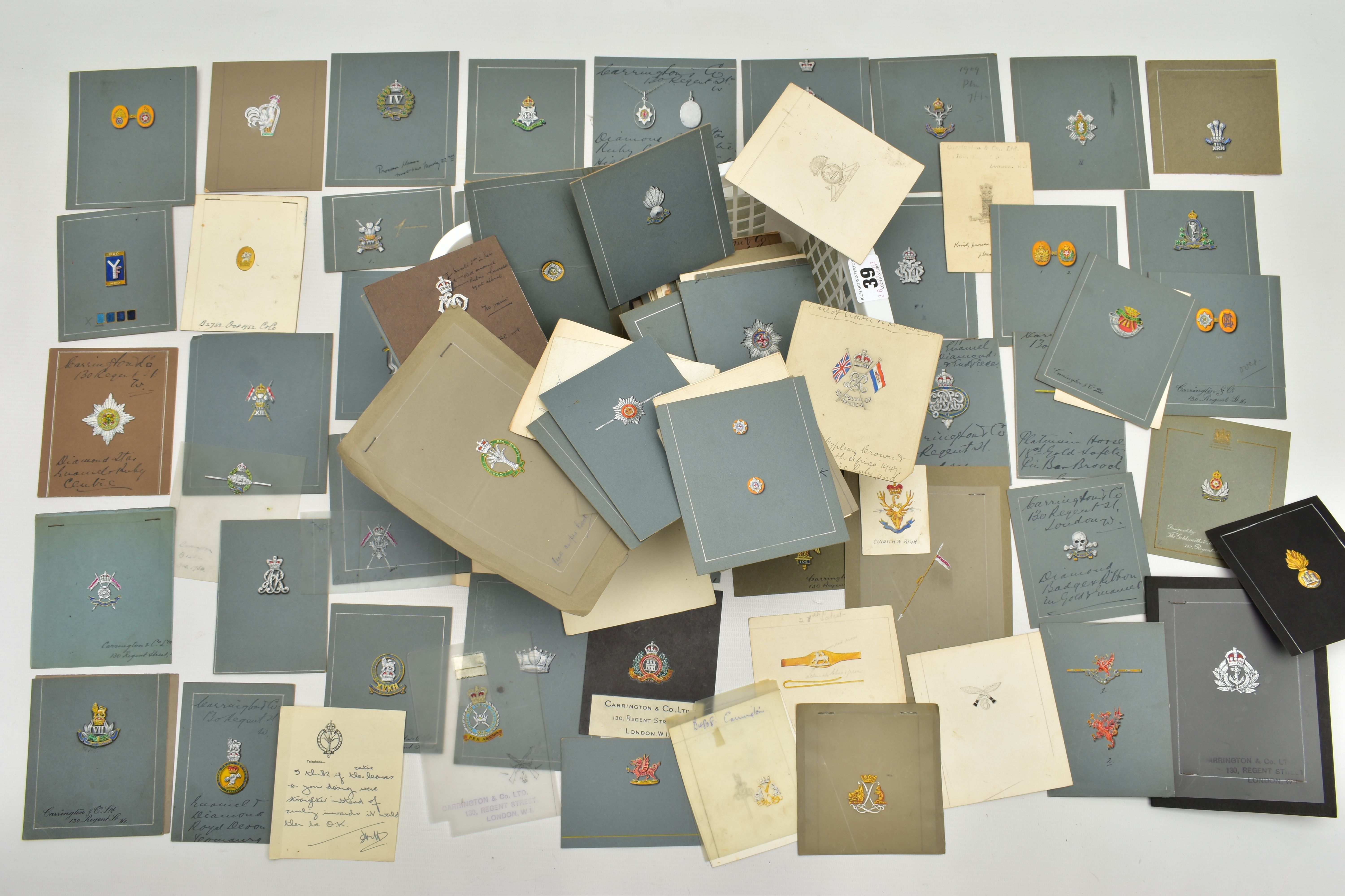 A LARGE COLLECTION OF 'CARRINGTON & CO MILITARY SILVERSMITHS' EARLY TO MID 20TH CENTURY GOUACHE