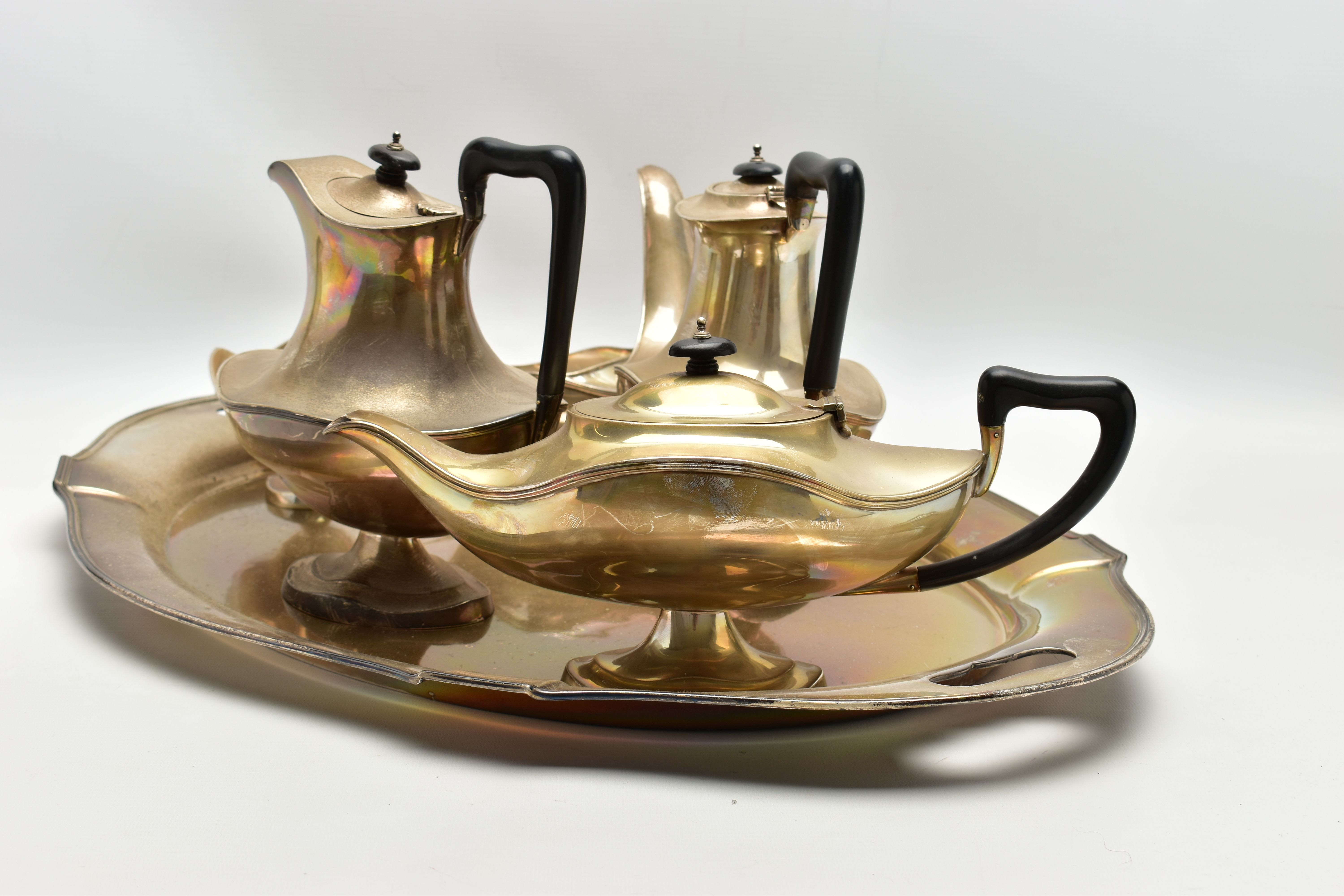 A GEORGE V SILVER FIVE PIECE TEA SET ON OVAL TWIN HANDLED TRAY, the set of oval / Aladdin's lamp - Image 5 of 8