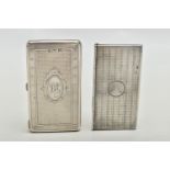 TWO SILVER CARD CASES, comprising a Victorian example of rectangular form with rounded corners,