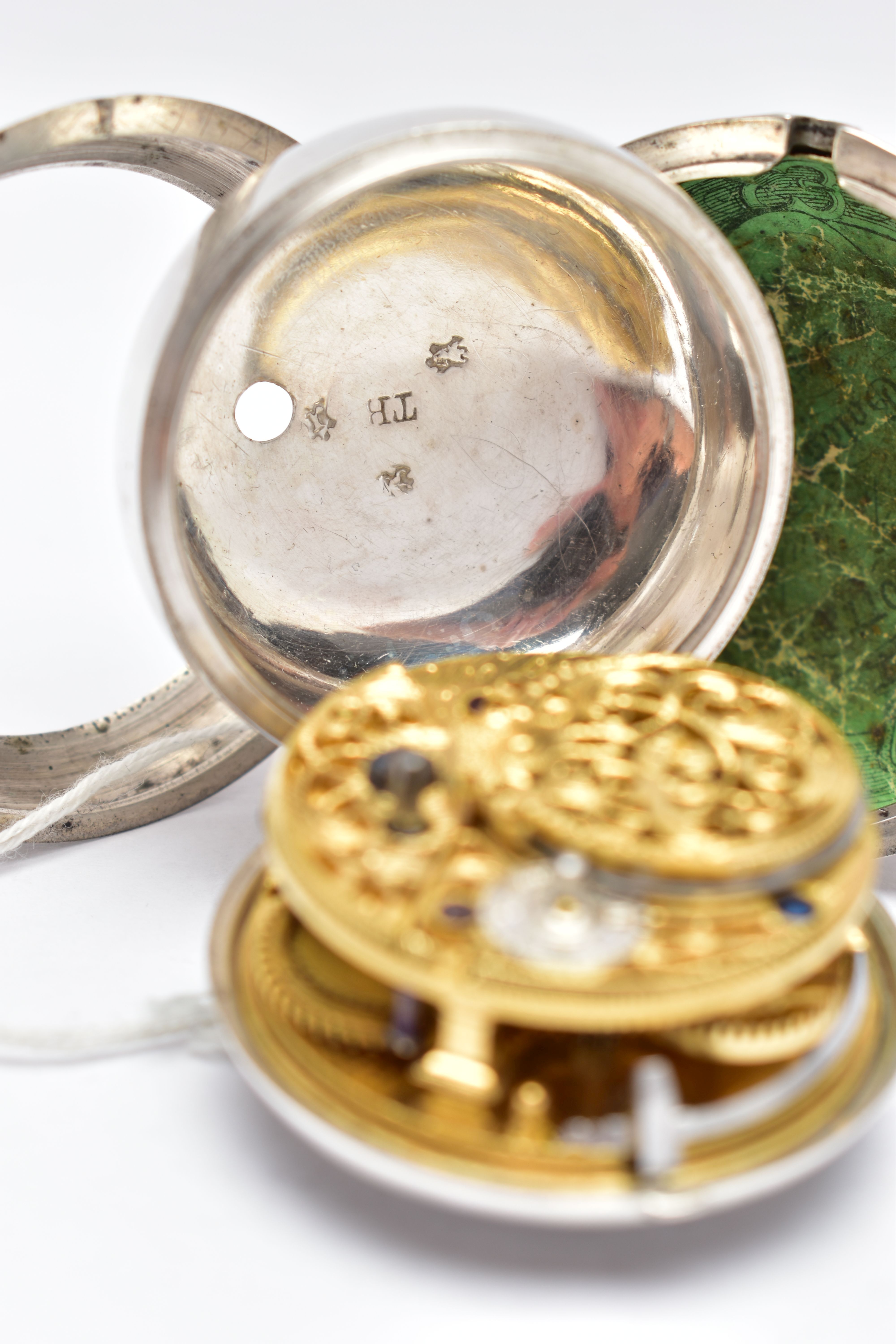 A GEORGE II SILVER PAIR CASED VERGE POCKET WATCH BY 'THOMAS BECKETT', key wound, round champleve - Image 9 of 11