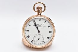 AN EARLY 20TH CENTURY 9CT GOLD KEYLESS WIND KENDAL & DENT OPEN FACE POCKET WATCH TOGETHER WITH GLASS