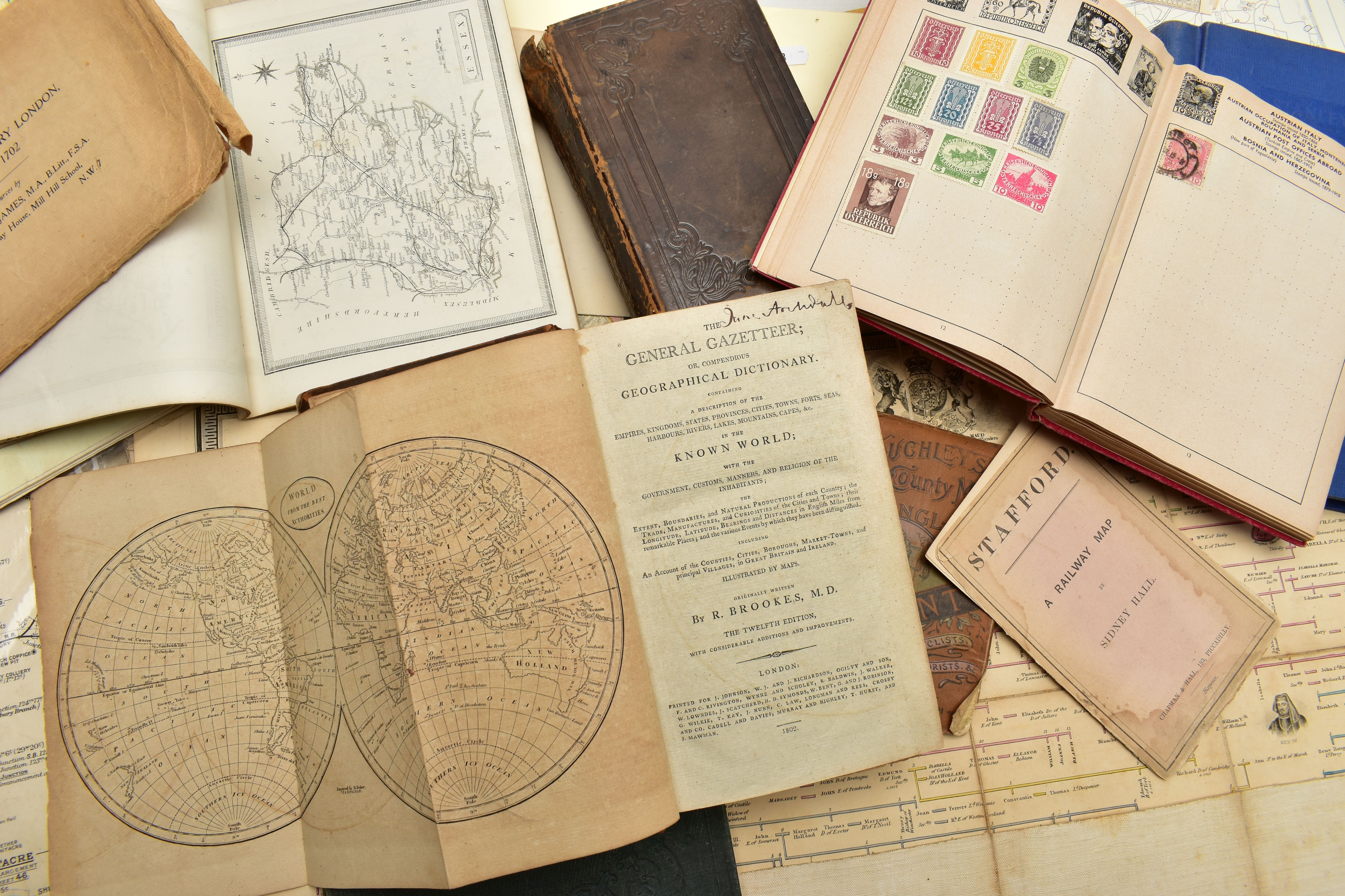 A BOX OF 19TH AND 20TH CENTURY MAPS AND BOOKS ETC, to include a leather bound Brookes's Gazetteer - Image 10 of 18