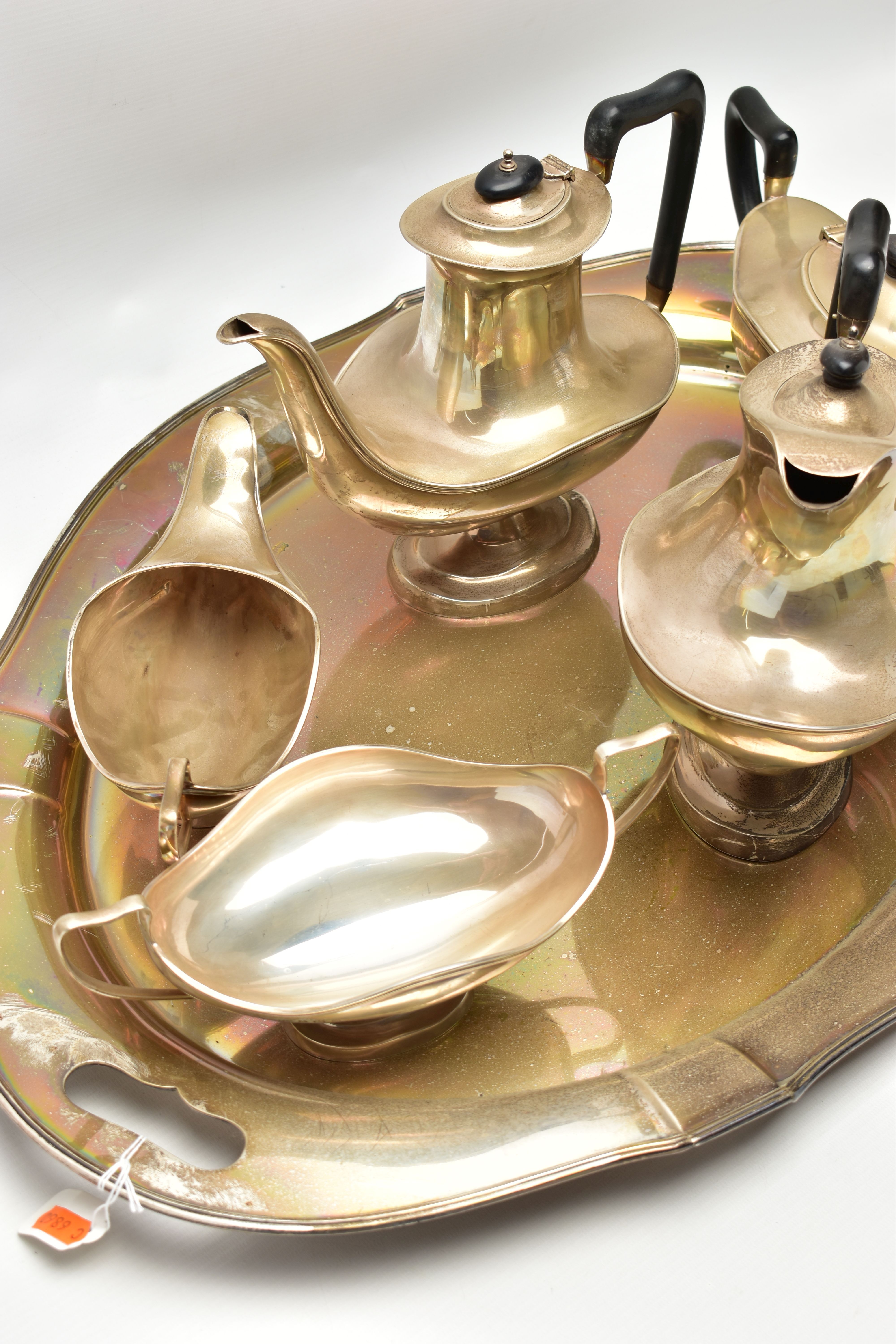 A GEORGE V SILVER FIVE PIECE TEA SET ON OVAL TWIN HANDLED TRAY, the set of oval / Aladdin's lamp - Image 7 of 8